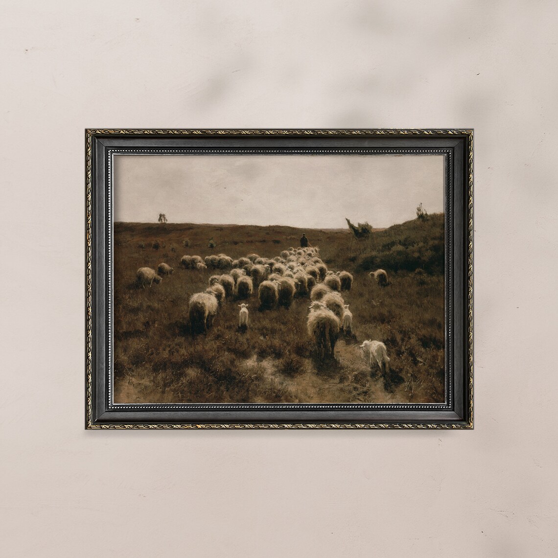 Shepherd Leading Sheep Flock Through Moody Moorland Vintage Painting Poster - Image 4