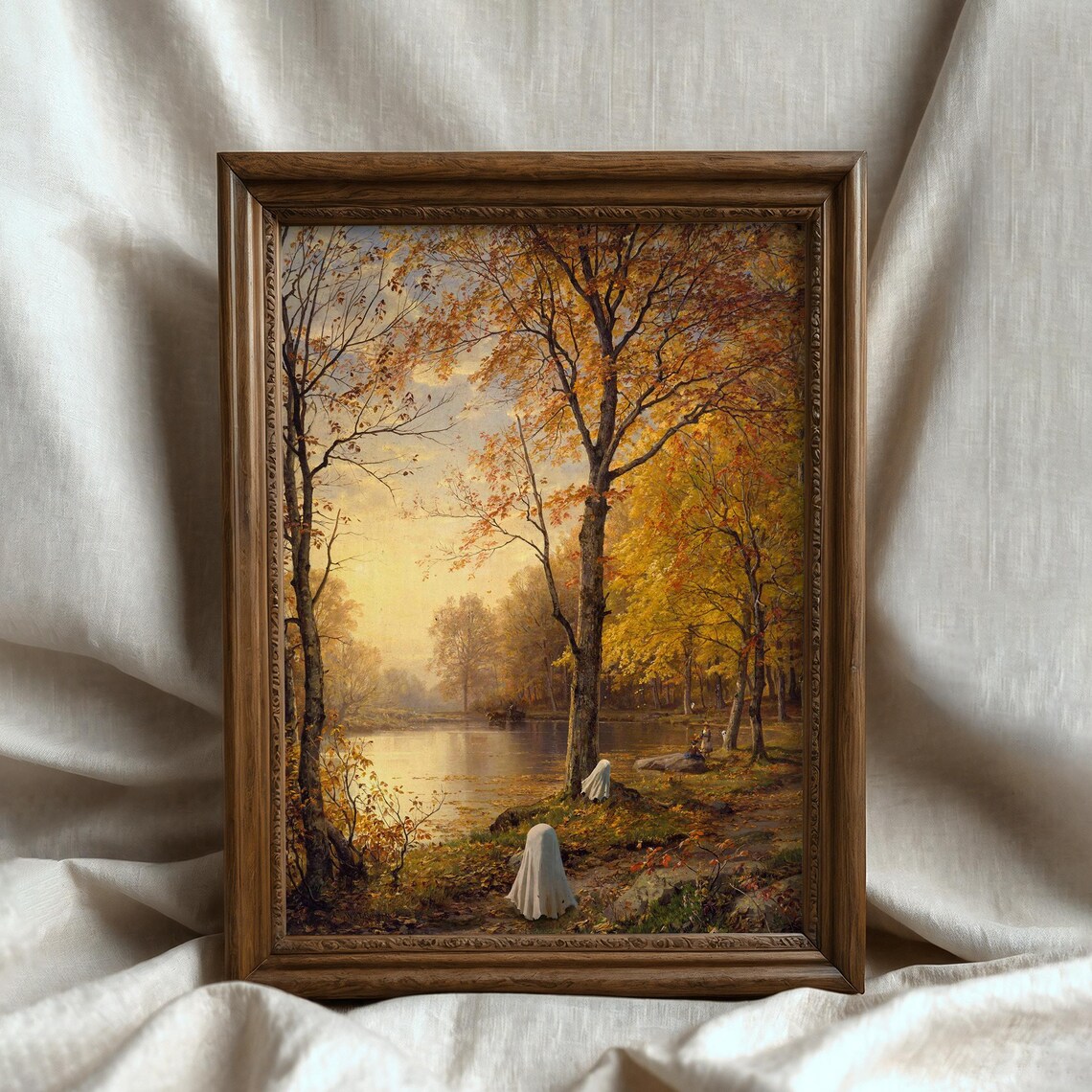 Two Cute Ghosts Golden Autumn Lake Forest Vintage Halloween Landscape Poster - Image 5