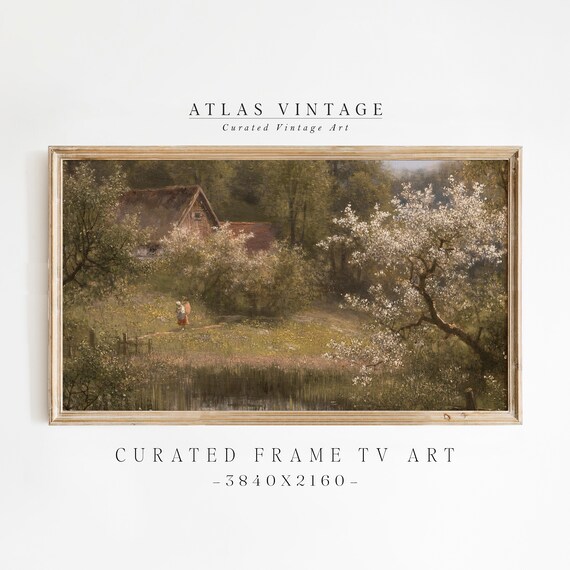 Cottage among Spring Blossom Trees Vintage Countryside Poster