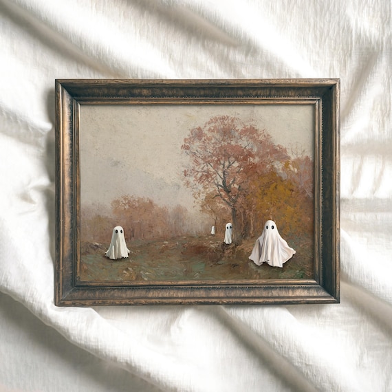 Four Cute Ghosts Misty Autumn Forest Vintage Whimsical Halloween Art Poster