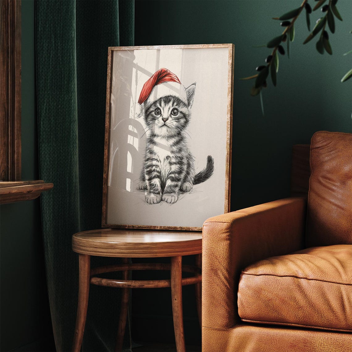 Kitten in Santa Hat Sketch Cute Tabby Cat Christmas Drawing Poster - Image 5