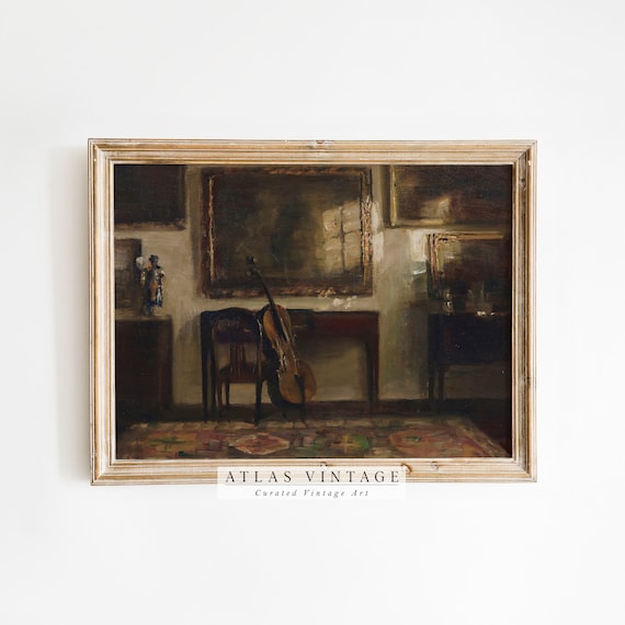 Moody Interior with Cello by Window Dark Vintage Painting Poster