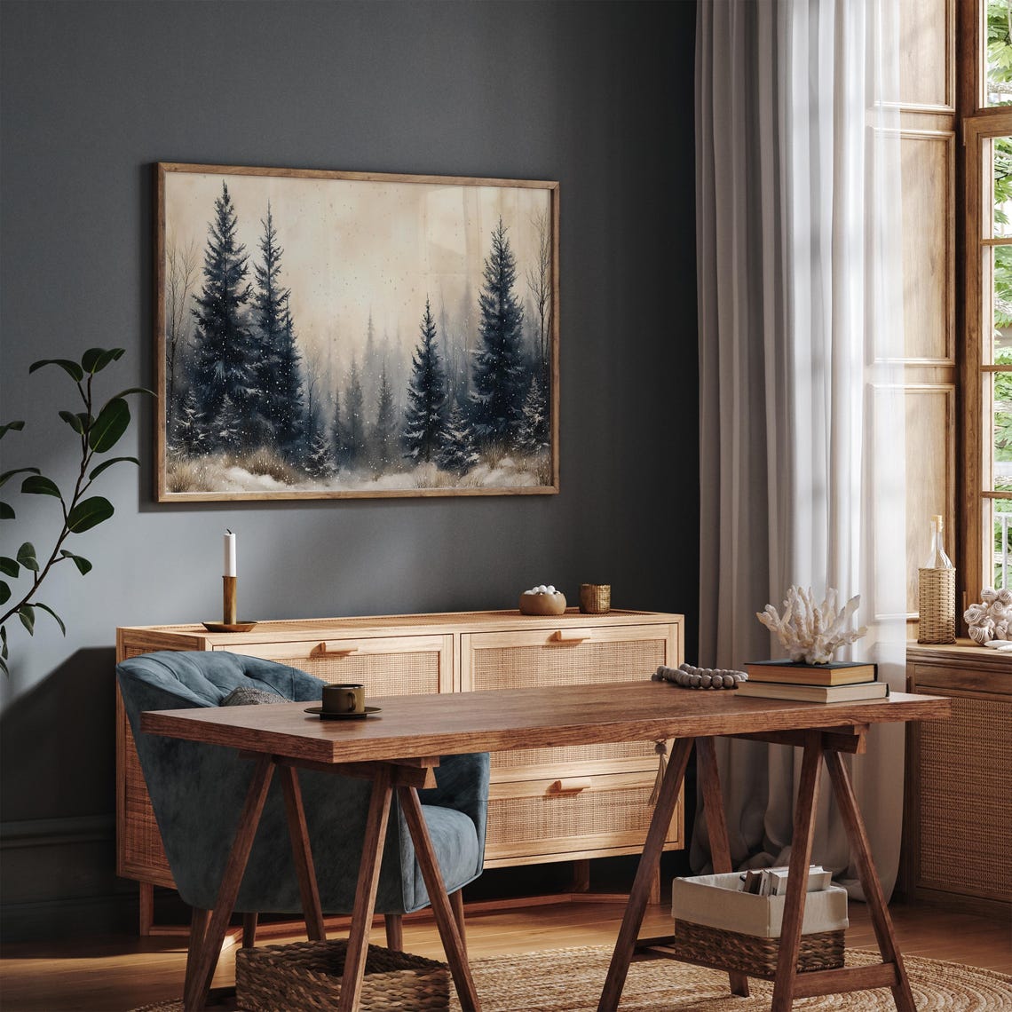 Misty Snowy Pine Forest Frame TV Art Winter Trees Falling Snow Poster - Image 5
