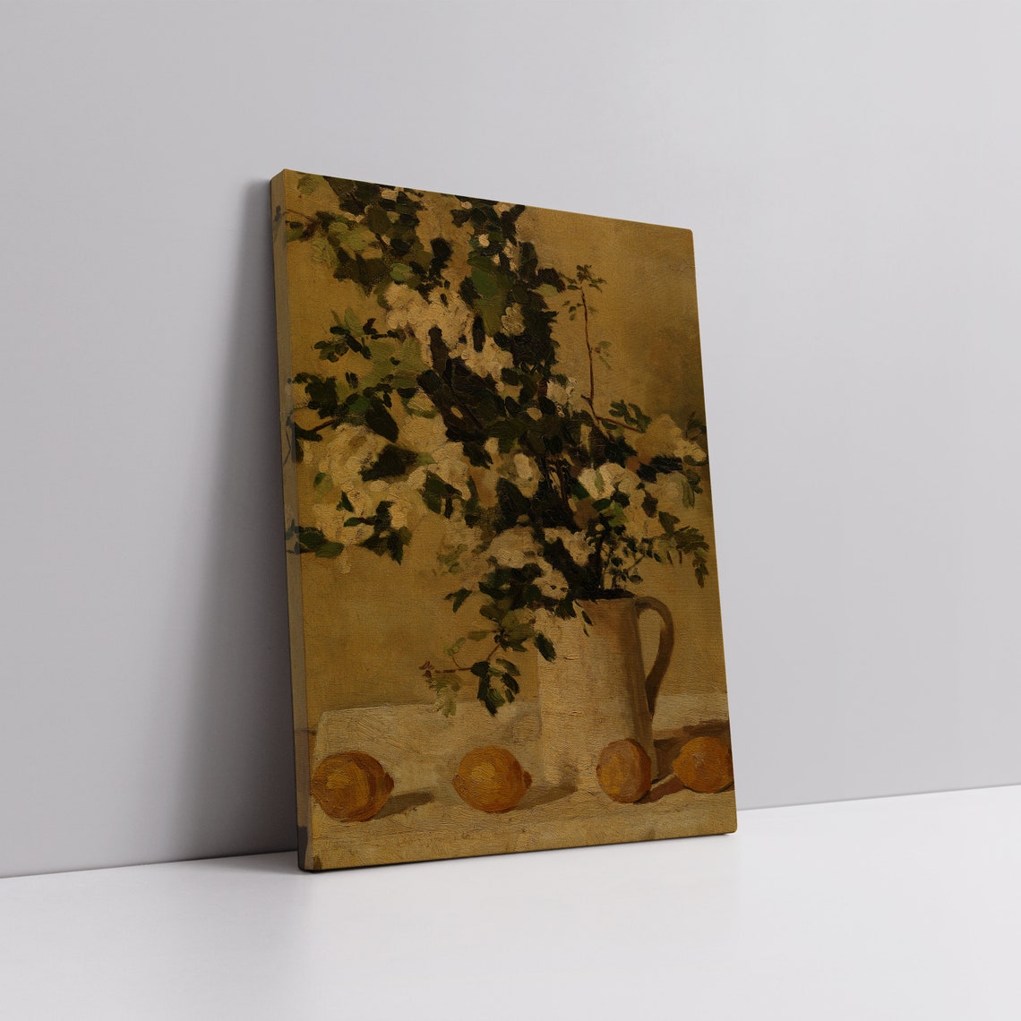 White Blossoms in Pitcher With Lemons Antique Still Life Poster - Image 4