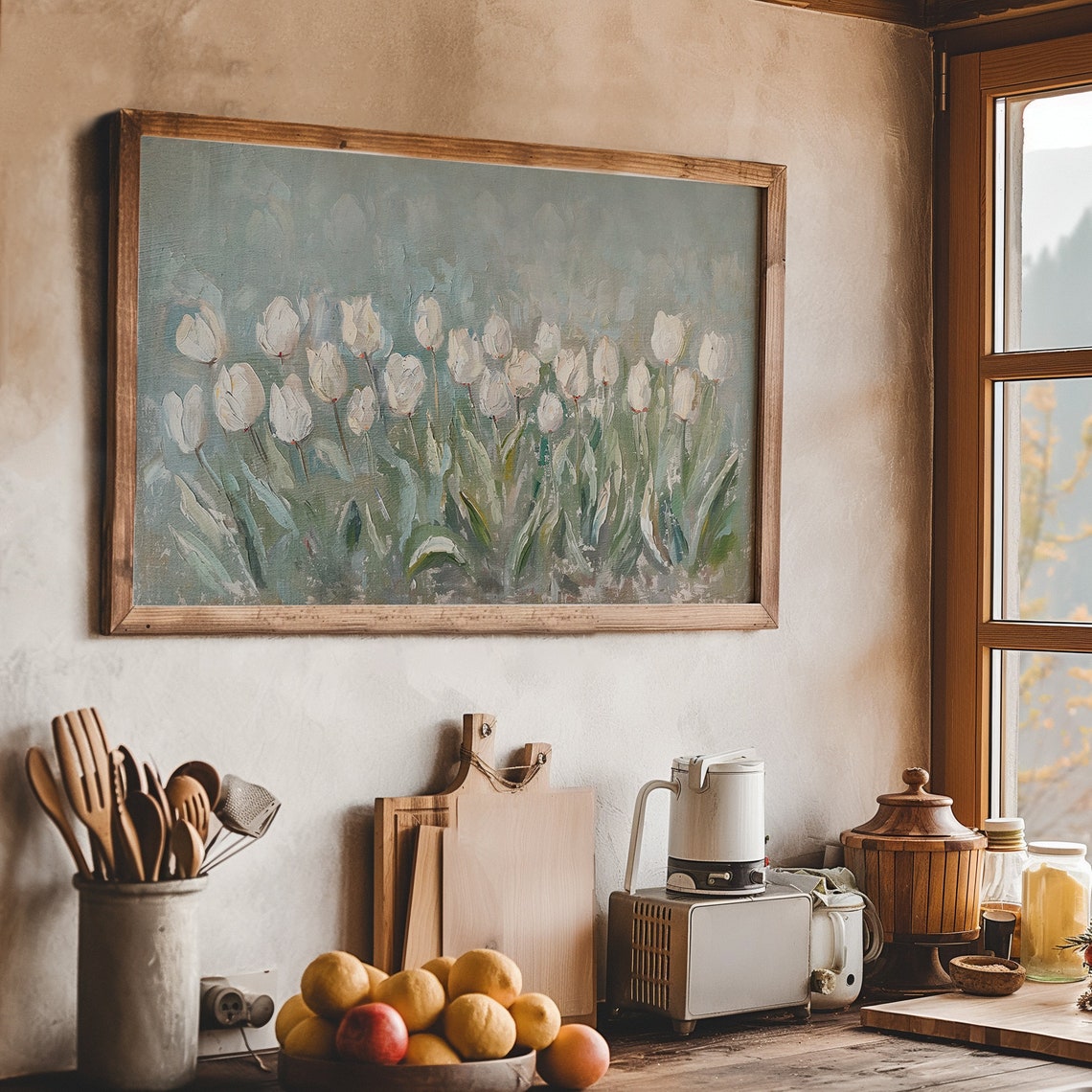 White Tulips Field Sage Blue Floral Painting Spring Frame TV Wall Art - Image 8