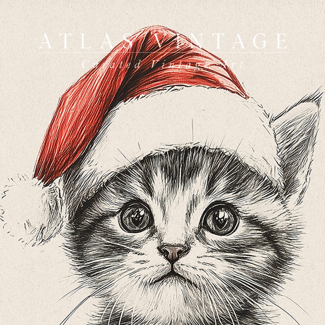 Kitten Sketch Wearing Santa Hat Neutral Beige Holiday Poster - Image 7