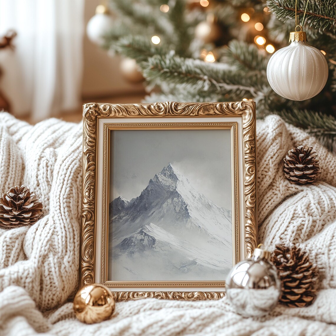 Snowy Mountain Peak Oval Painting Blue Grey Winter Alpine Poster - Image 2