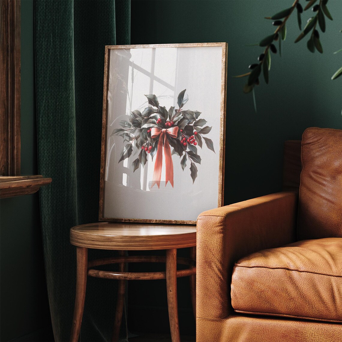 Vintage Holly Berry Christmas Poster Red Berries Ribbon Bow Botanical - Image 3