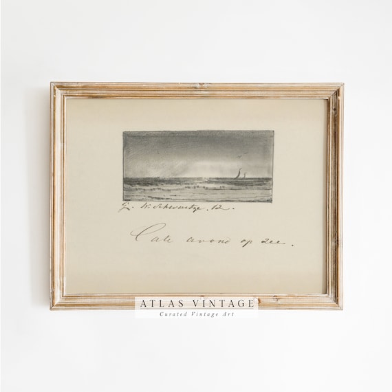 Antique Coastal Seascape Sketch Sailboats on Sea Ink Drawing Poster