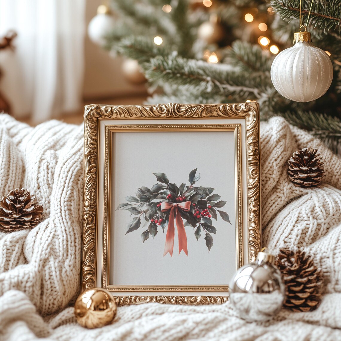 Vintage Holly Berry Christmas Poster Red Berries Ribbon Bow Botanical - Image 6
