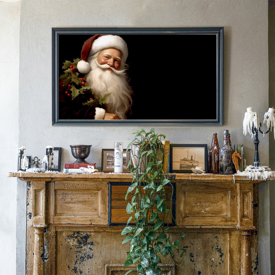 Santa Claus Portrait With Holly Dark Vintage Christmas Poster - Image 5