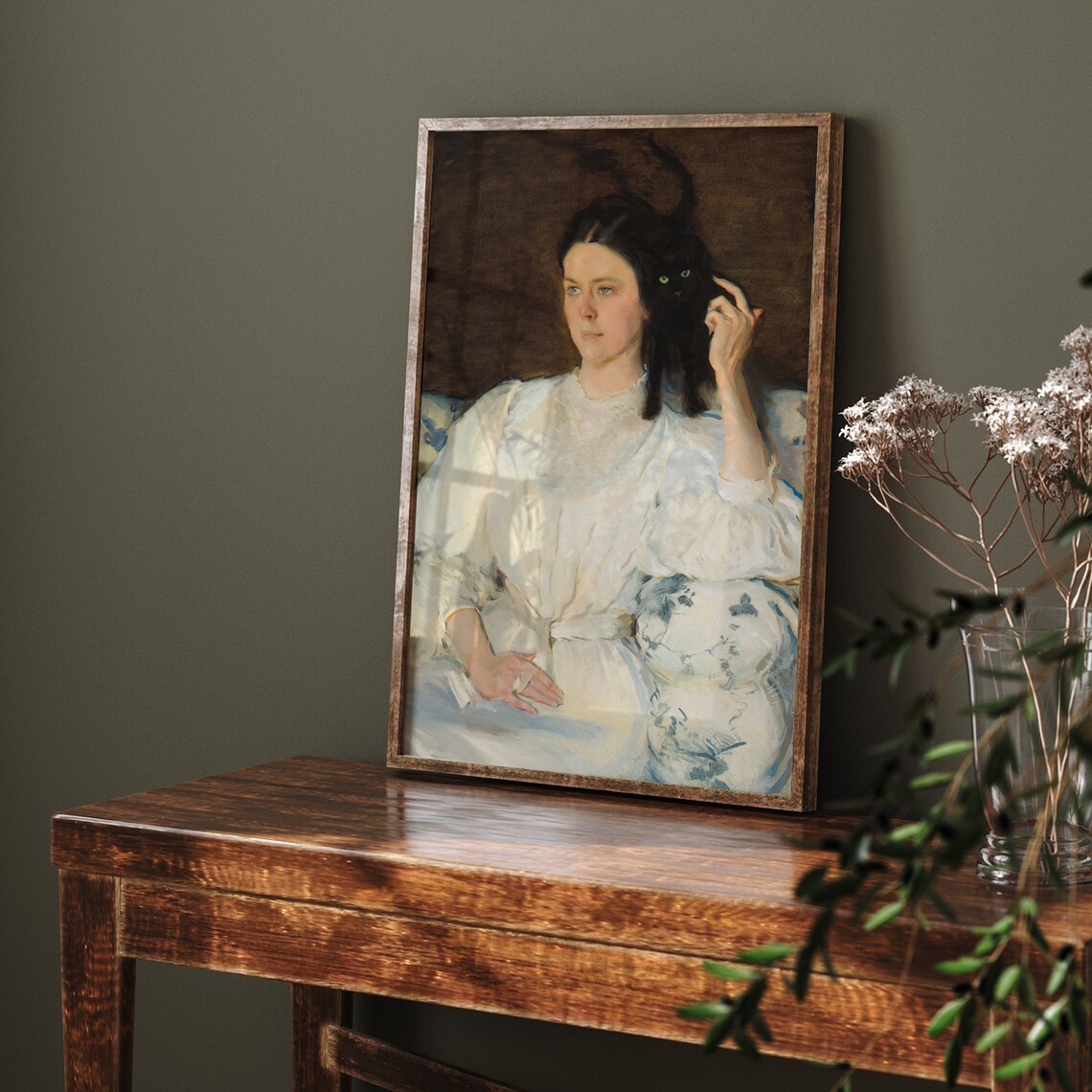 Vintage Portrait of Woman in White Dress with Black Cat Poster - Image 7