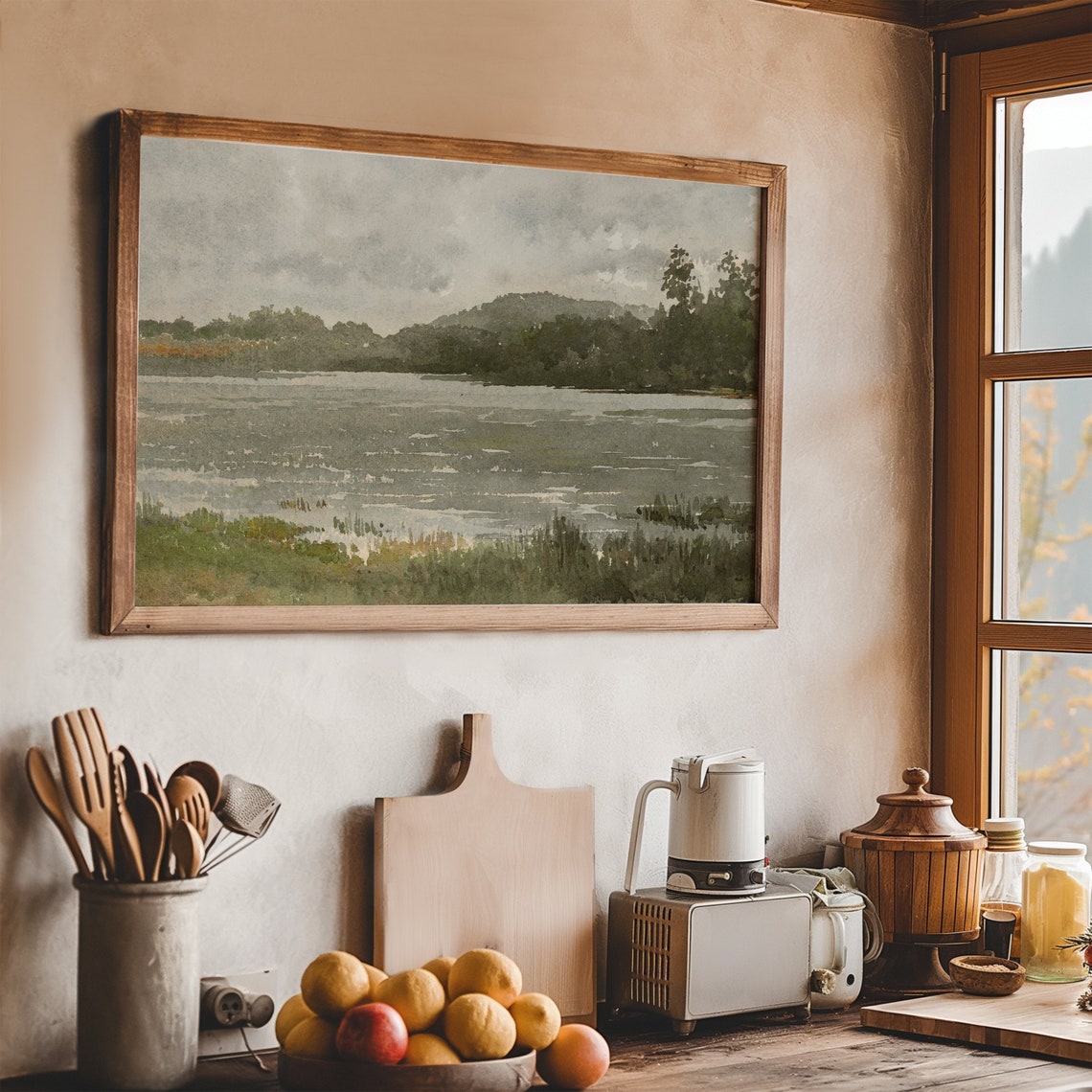 Watercolor Lake Scene Painting Muted Green Landscape Art Print Rustic Lake House Decor Wall Art Downoad - Image 8