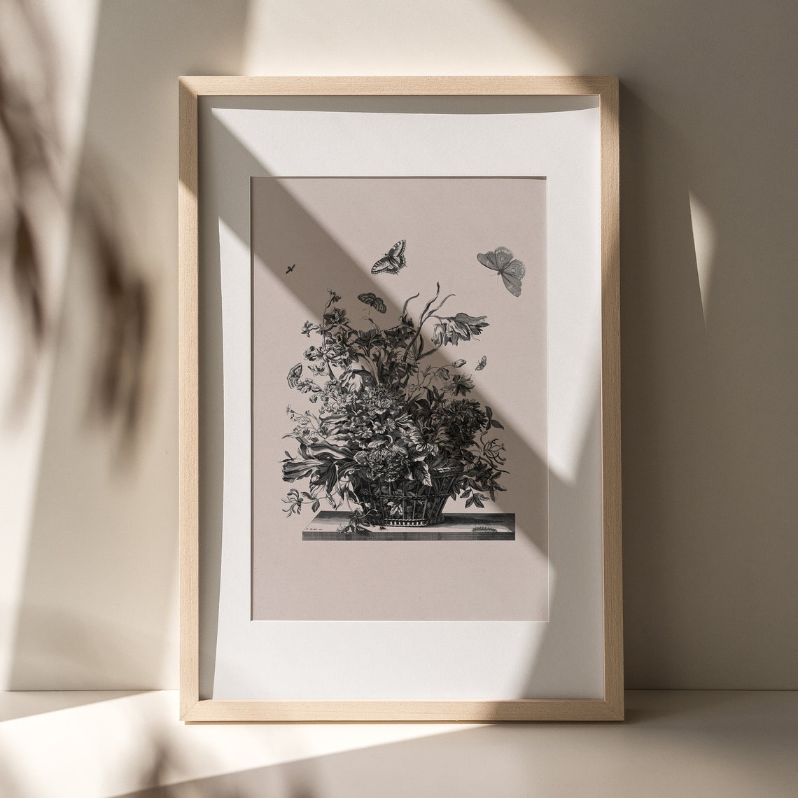 Black and White Flower Basket Botanical Engraving Vintage Poster - Image 3