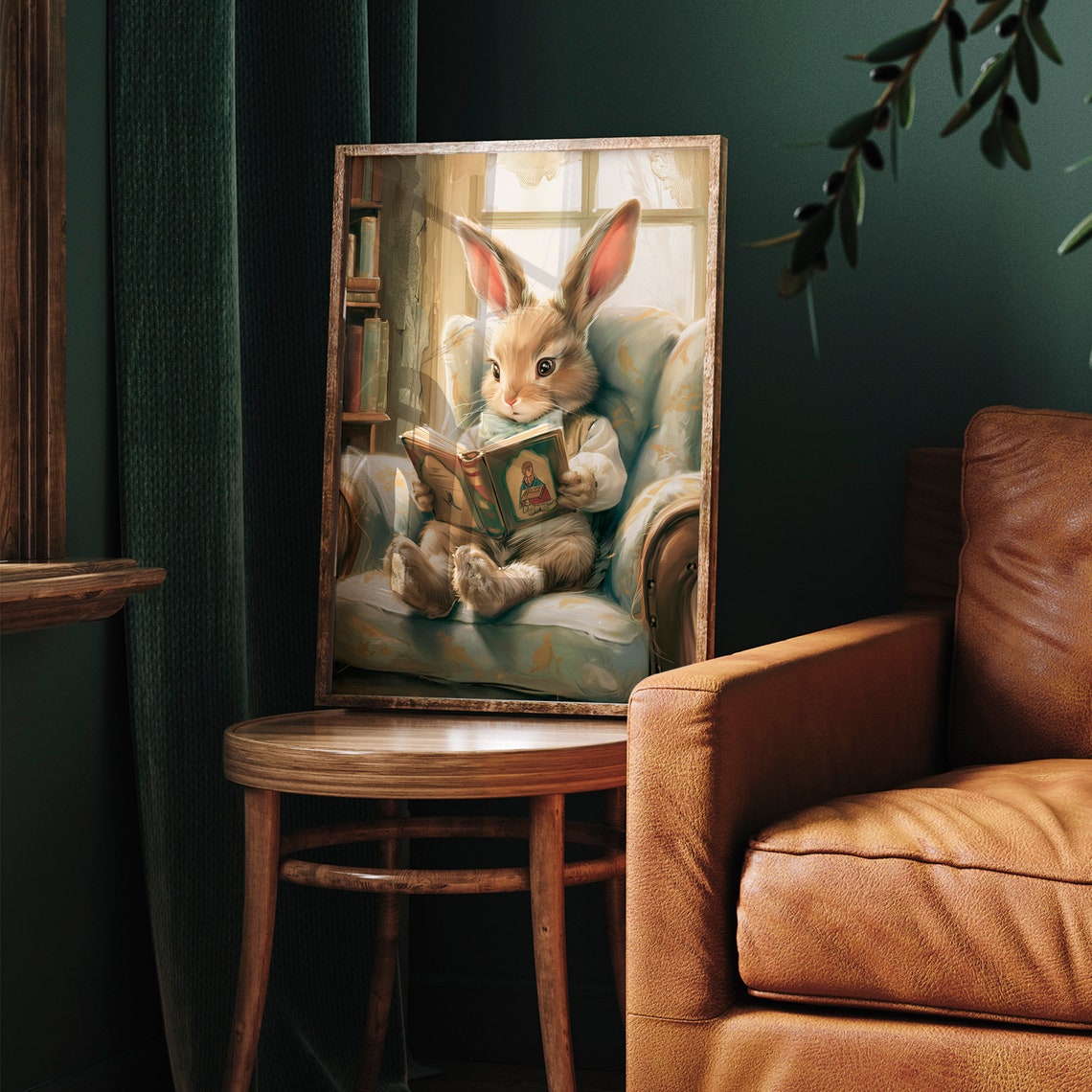 Cute Bunny Reading Book in Cozy Armchair Storybook Rabbit Poster - Image 7