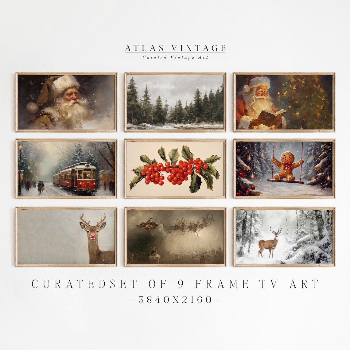 Set of 9 Vintage Christmas Prints Santa Winter Gallery Wall Poster