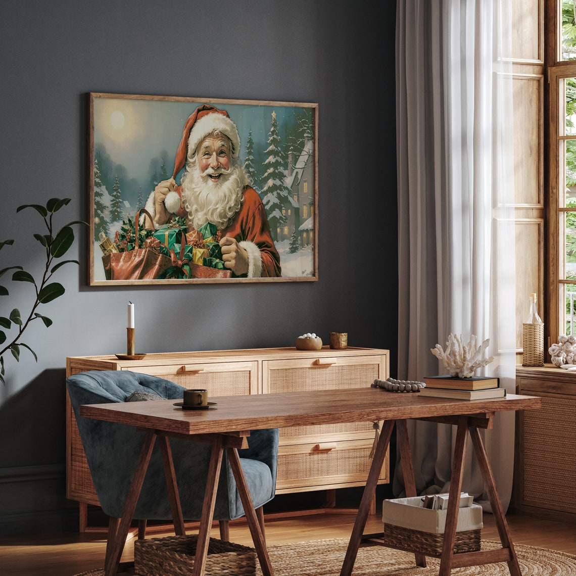 Jolly Santa Claus with Gift Sack Vintage Christmas Scene Poster - Image 3
