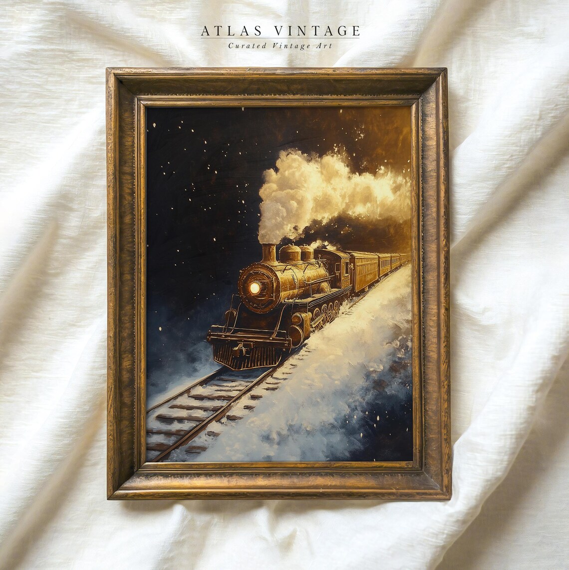 Vintage Golden Steam Train Night Poster Snowy Winter Railway Scene - Image 6