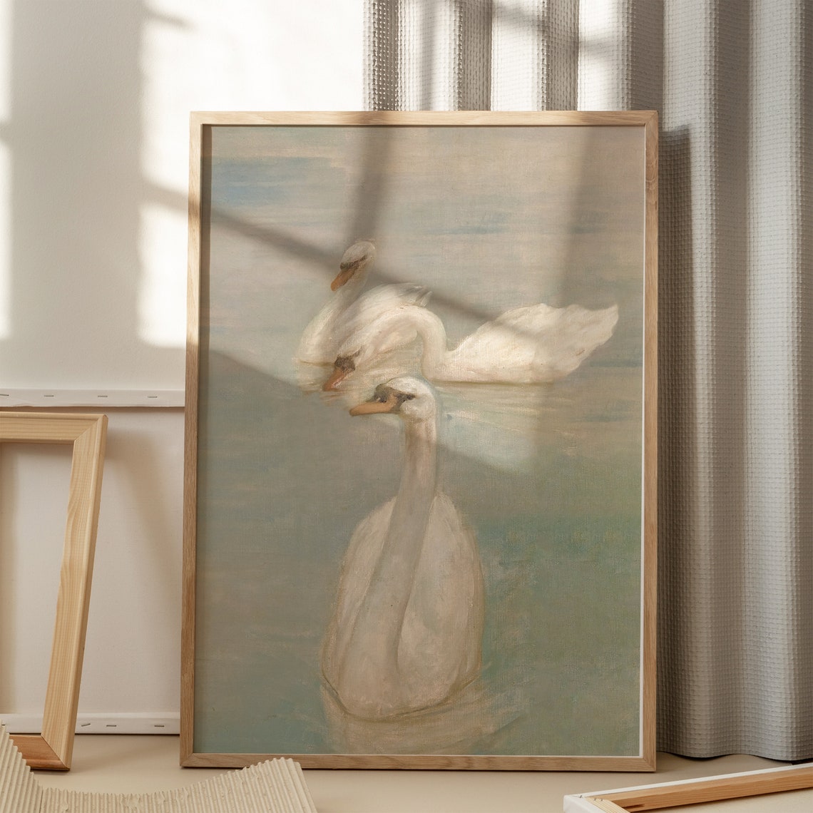 Three White Swans Swimming on Calm Lake Water Vintage Poster - Image 3