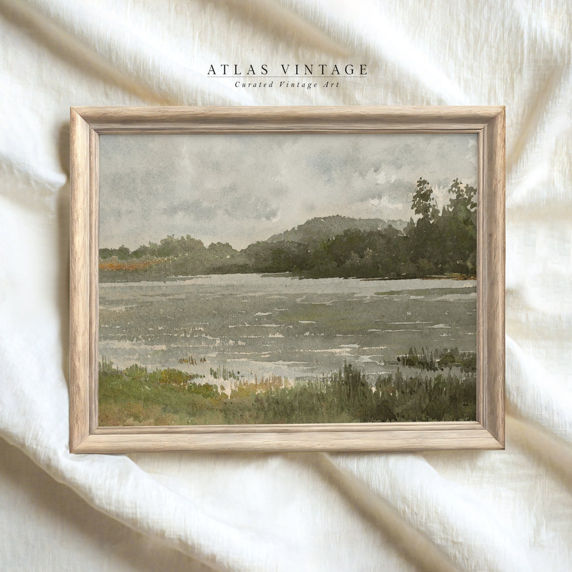 Watercolor Lake Scene Painting Muted Green Landscape Art Print Rustic Lake House Decor Wall Art Downoad - Image 3