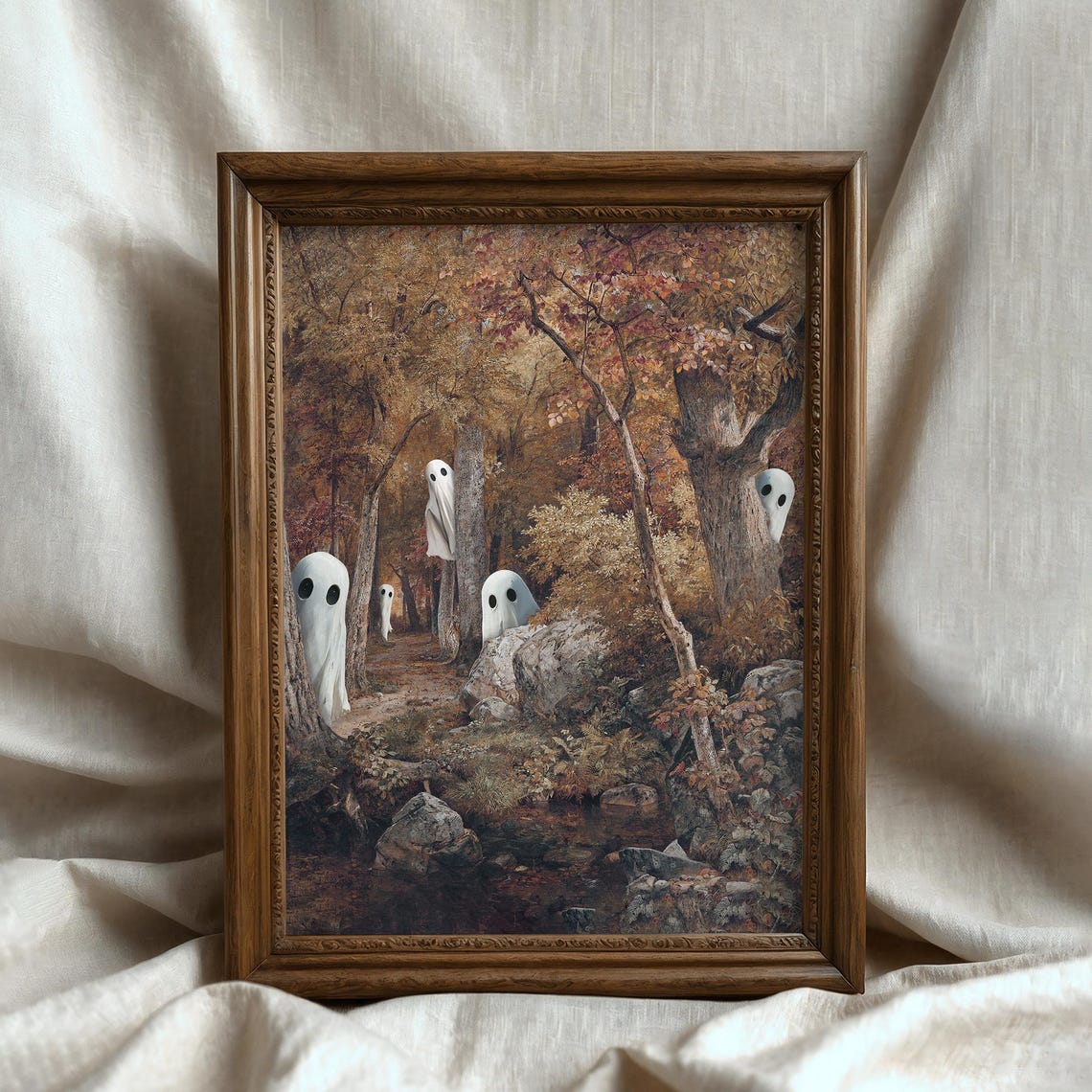 Five Cute Ghosts Peeking From Trees in a Golden Fall Forest Poster - Image 5