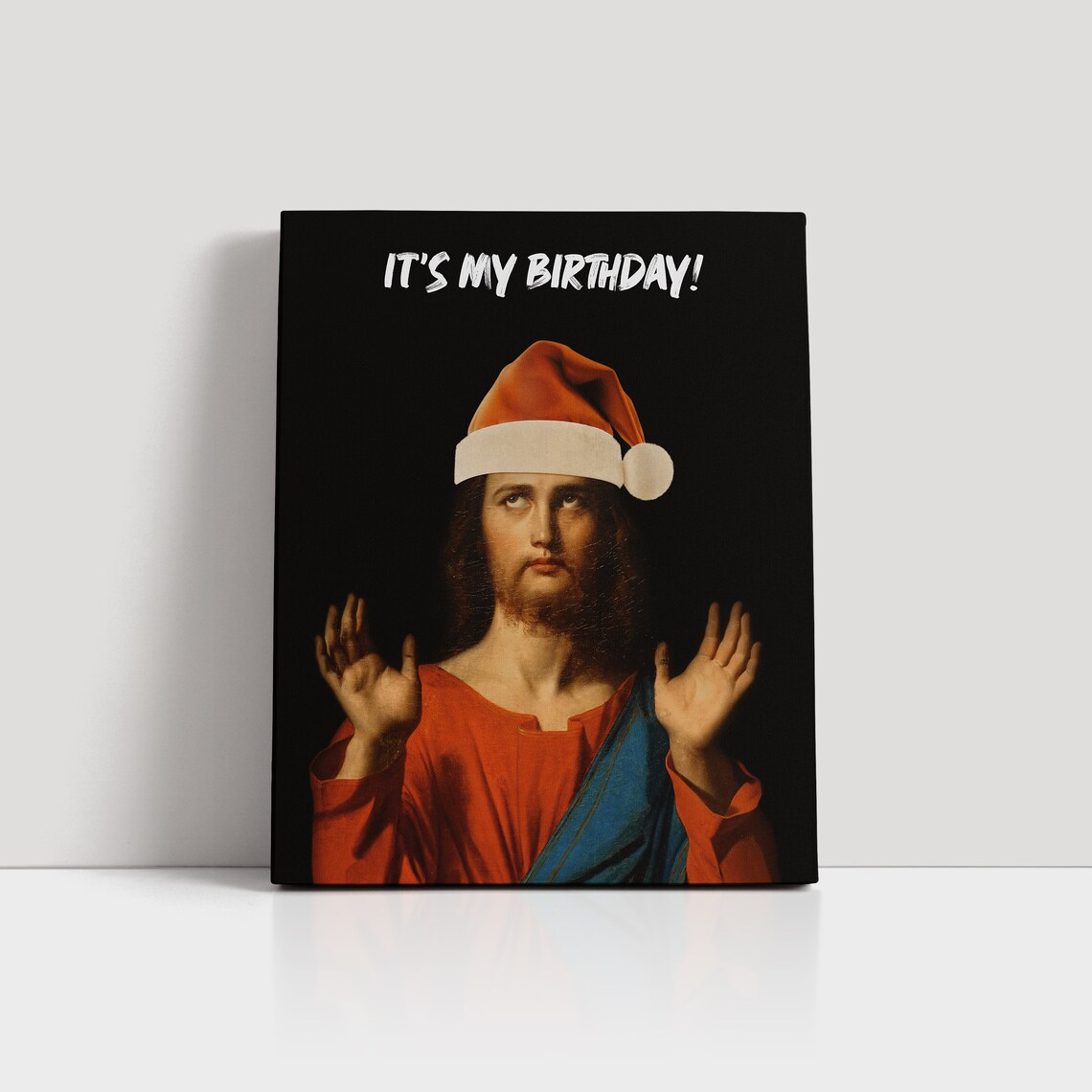 Funny Jesus Birthday Altered Painting Santa Hat Christmas Poster - Image 6