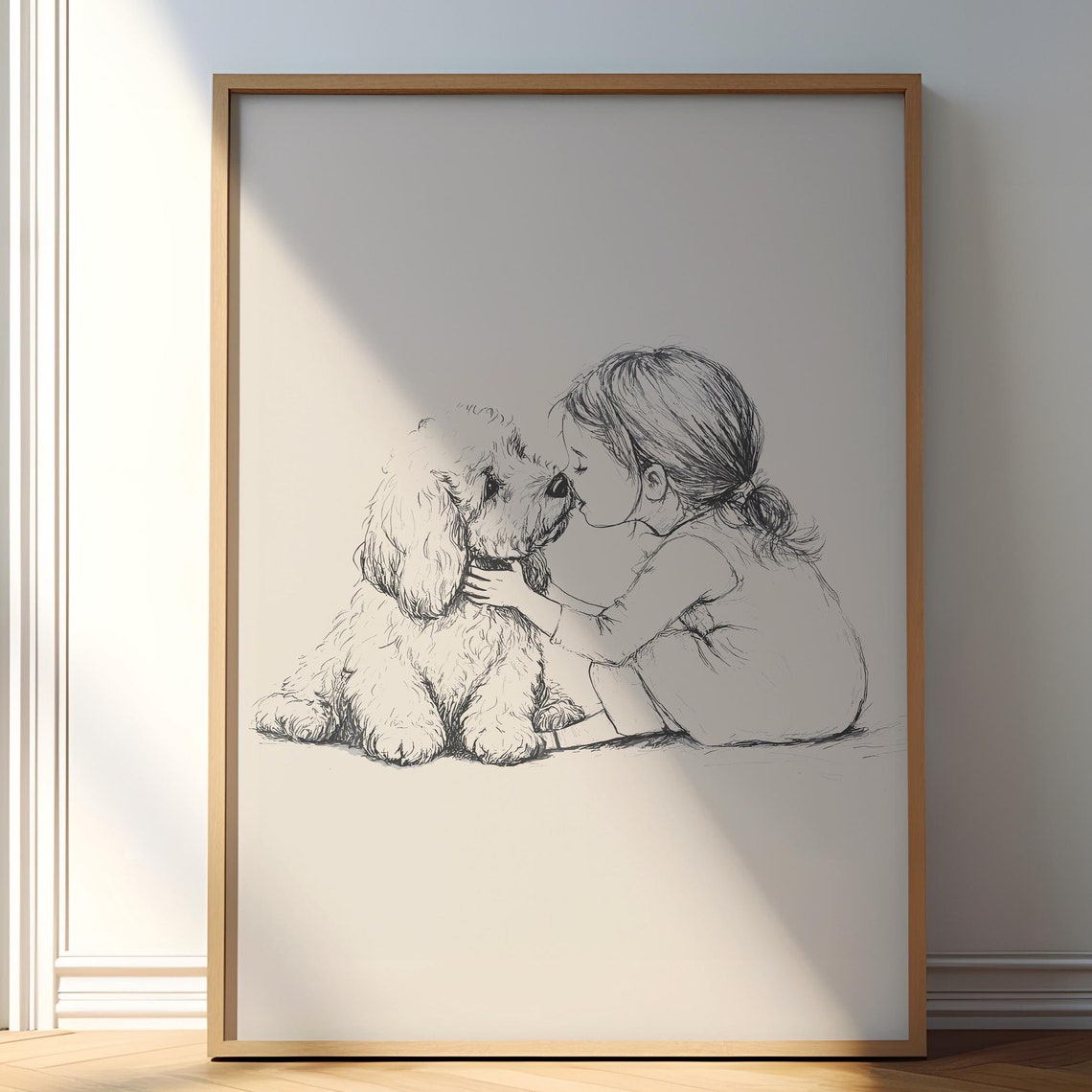 Goldendoodle With Girl Print Dog Vintage Poster Nursery Wall Art Puppy Nursery Retro Drawing Baby Room Decor Goldendoodle Painting