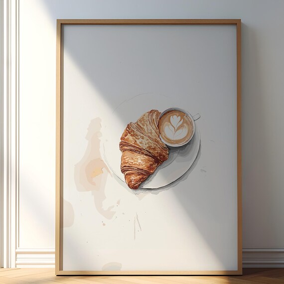 Breakfast Retro Print Croissant And Coffee Poster Breakfast Wall Art Trendy Kitchen Farmhouse Drawing Vintage Kitchen Decor Illustration