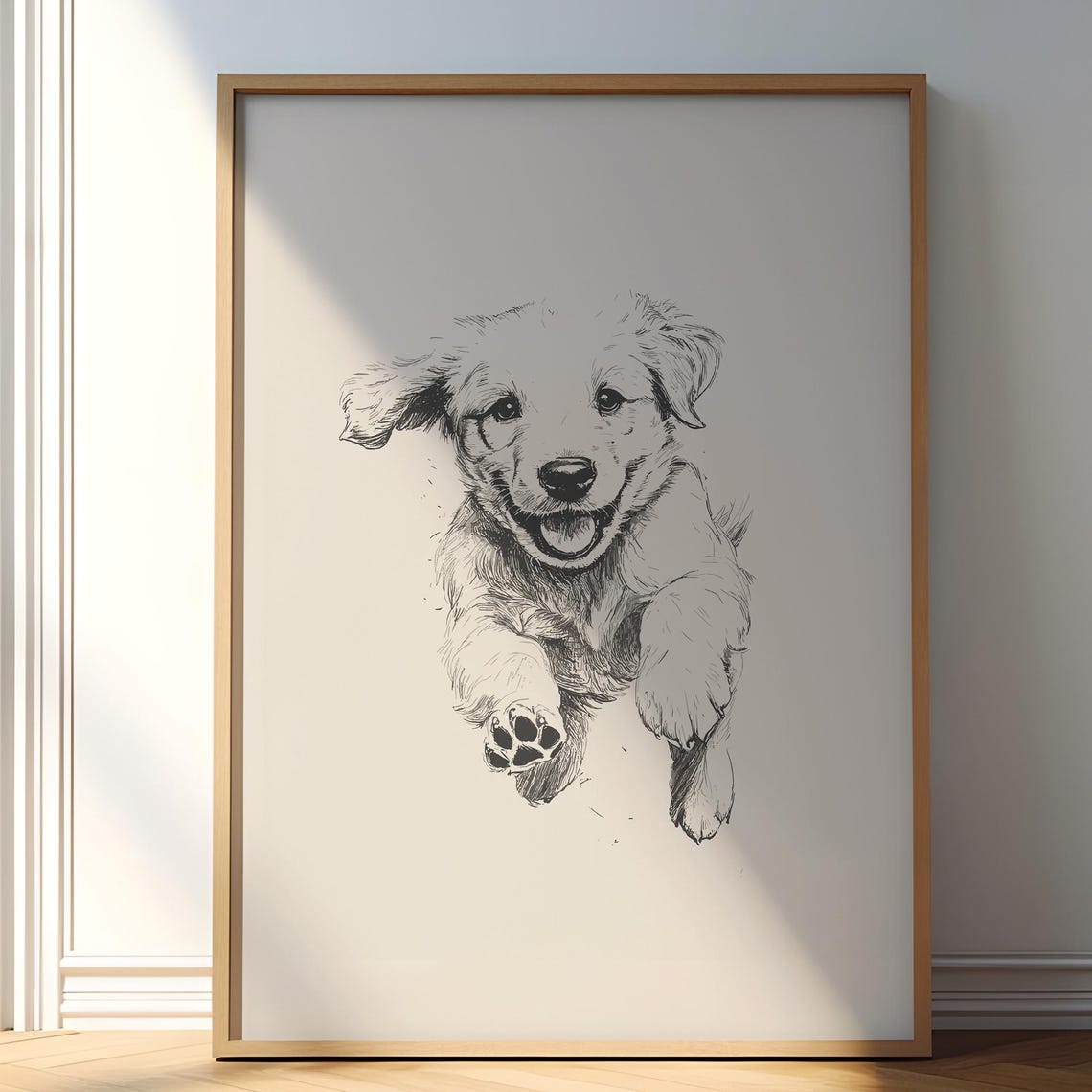 Golden Retriever Puppy Drawing Dog Vintage Print Nursery Wall Decor Pet Retro Painting Farmhouse Print Kids Room Illustration