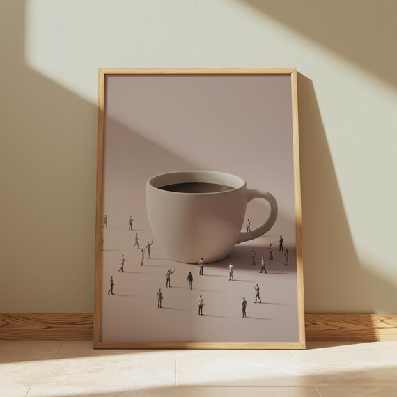 Giant Coffee Cup Surrounded by Tiny People Minimalist Surreal Poster