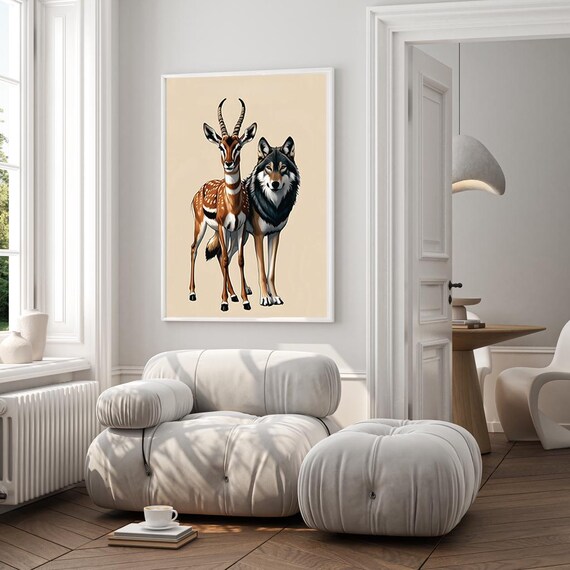 Deer And Wolf Minimal Nature Art Print For Modern Home Wall Decor