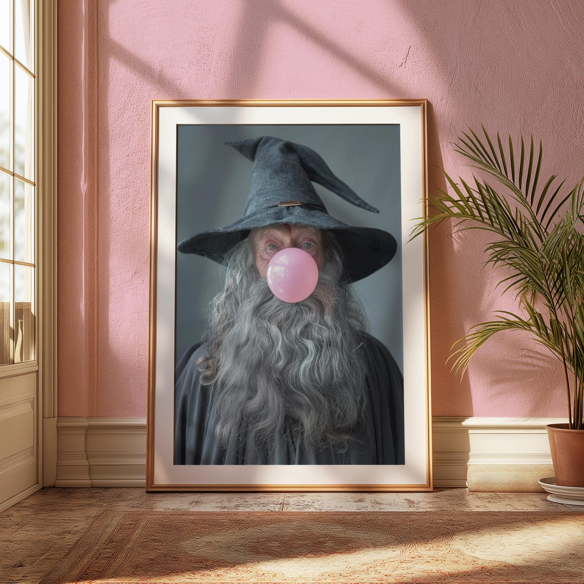 Wizard Blowing Pink Bubblegum Surreal Fantasy Humor Wall Art
