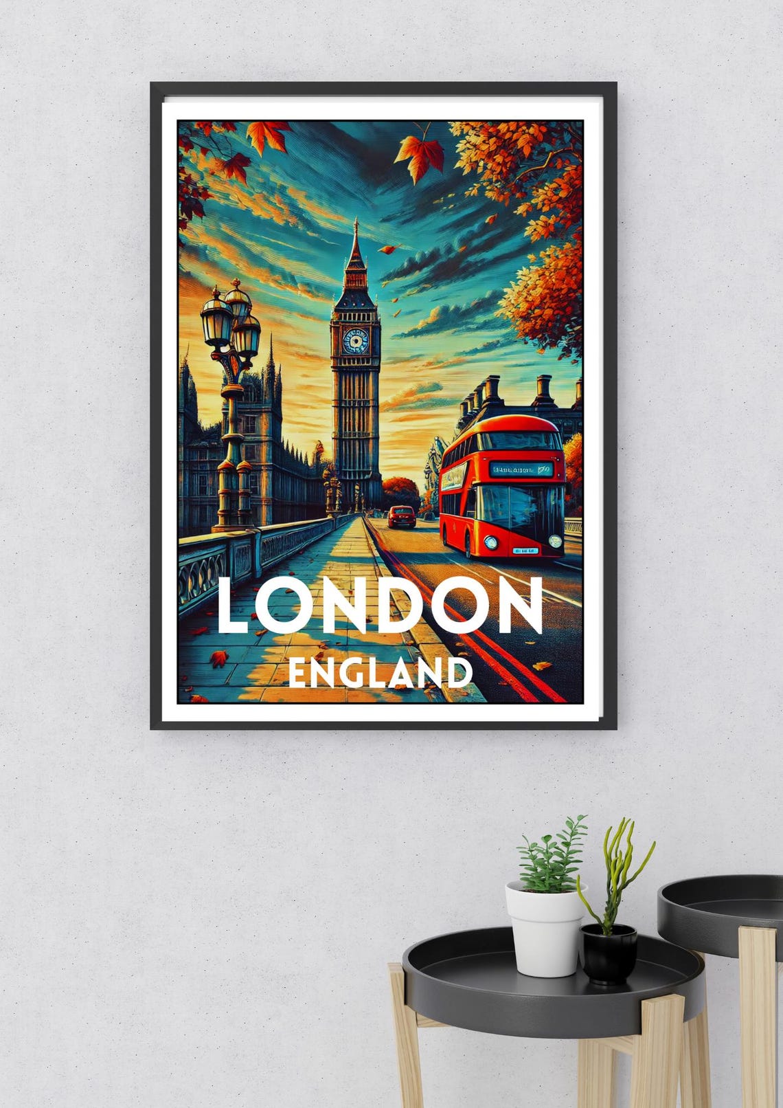 London England Big Ben Red Double Decker Bus Autumn Vintage Poster - Image 2