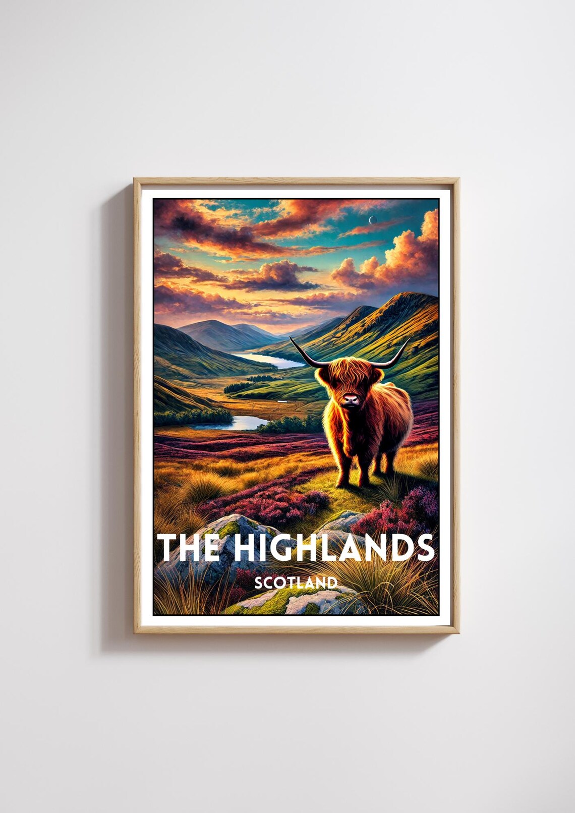 Scottish Highlands Highland Cow Heather Hills Sunset Vintage Poster