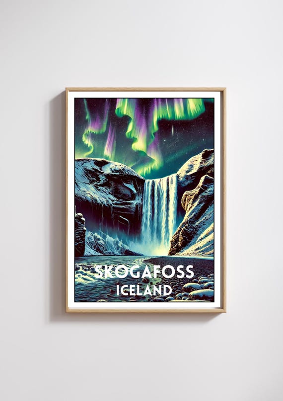 Iceland Skogafoss Waterfall Poster Iceland Waterfall Print Skogafoss Decor Wall Art Waterfall Art Print Northern Lights Art Travel Poster