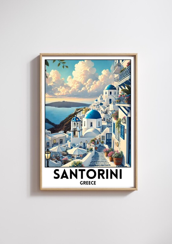 Santorini Greece Travel Poster Vibrant Wall Art Print Mediterranean Print Greek Island Aesthetic Blue Dome Architecture Santorini Wall Art