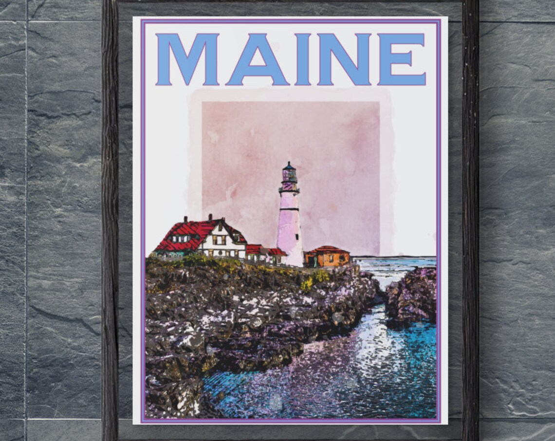 Maine Lighthouse Rocky Coast Keeper House Vintage Travel Poster