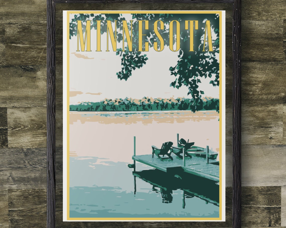 Minnesota Lake Dock Adirondack Chairs Peaceful Vintage Travel Poster
