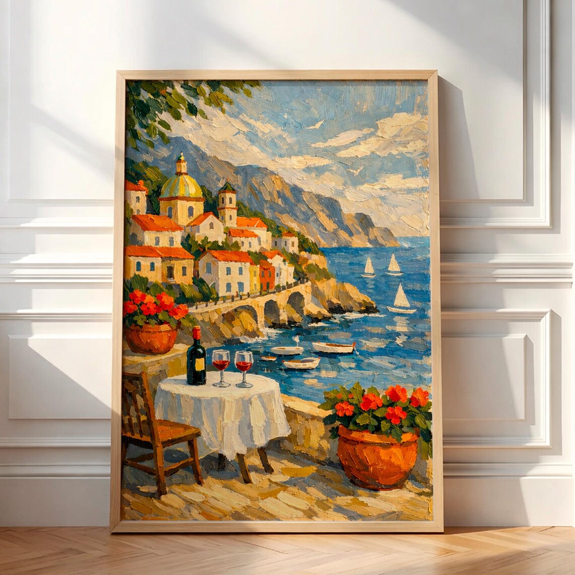 Amalfi Coast Italy Seaside Town Sailboats Oil Painting Wall Art