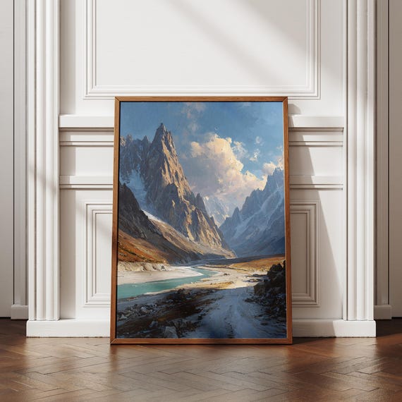 Mordor Pakistan Art Print Dramatic Mountain Landscape Glacial River Valley Painting Rugged Nature Wall