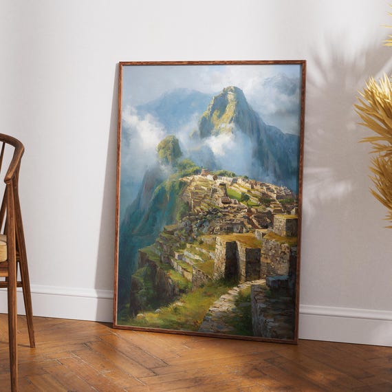 Machu Picchu Peru Print Ancient Inca City Wall Art Andes Mountains Landscape Painting Historical Travel Poster