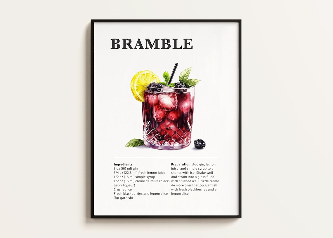 Bramble Cocktail Poster Recipe, Bar Kitchen Art