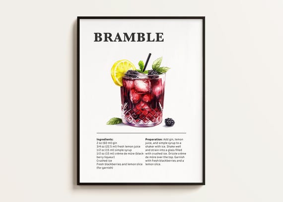 Bramble Cocktail Poster Recipe, Bar Kitchen Art