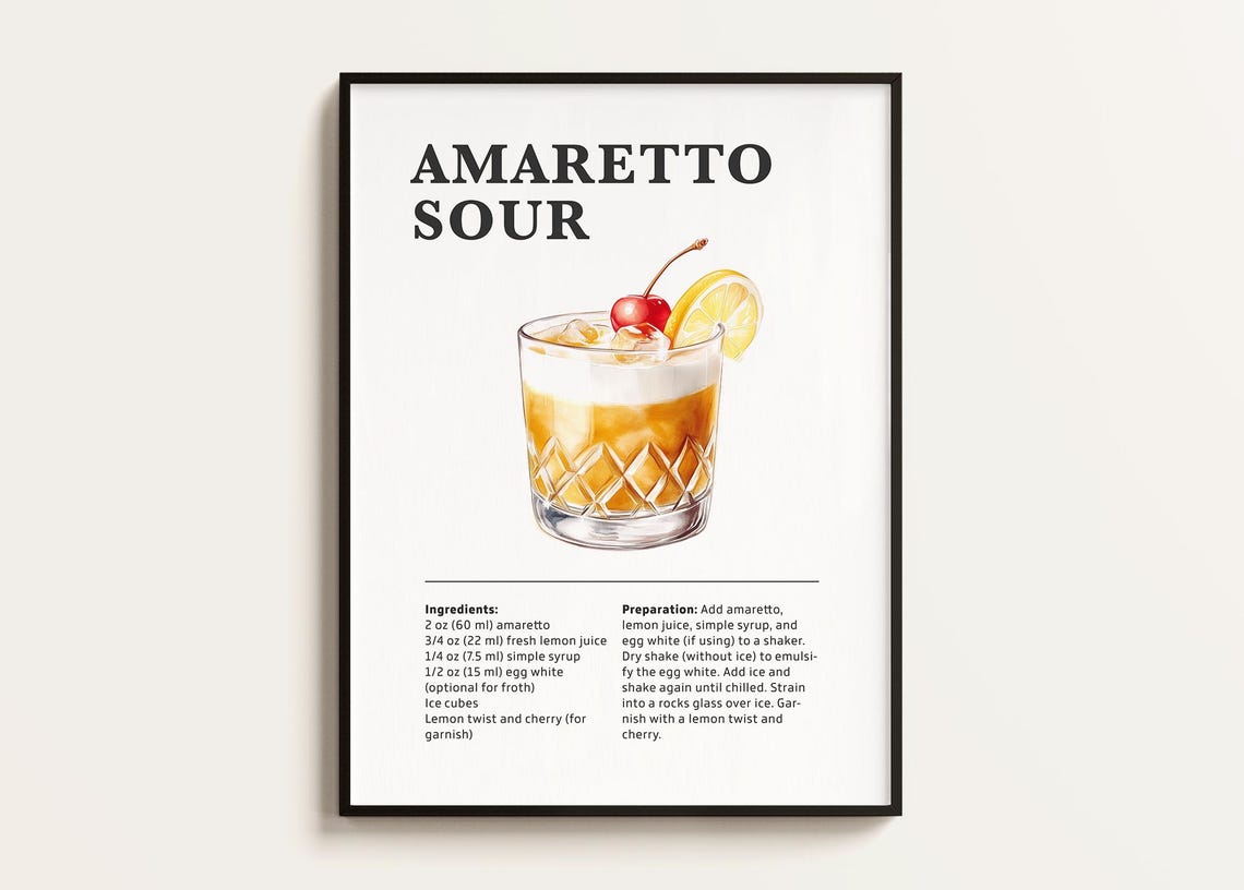 Amaretto Sour Recipe Cocktail Art Print, Bar Decor