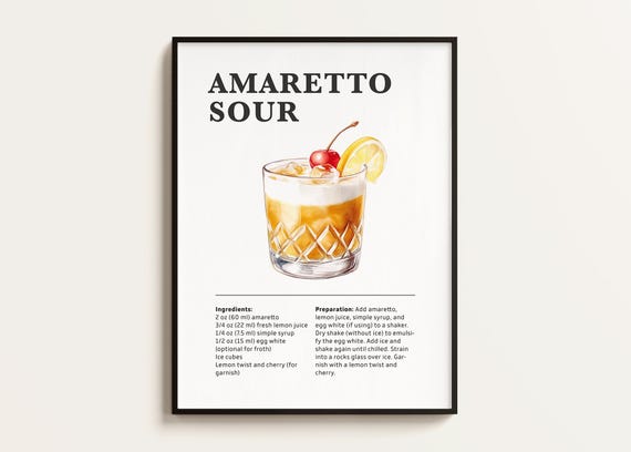 Amaretto Sour Recipe Cocktail Art Print, Bar Decor