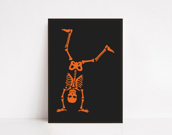 Orange Skeleton Handstand Funny Black Halloween Spooky Poster