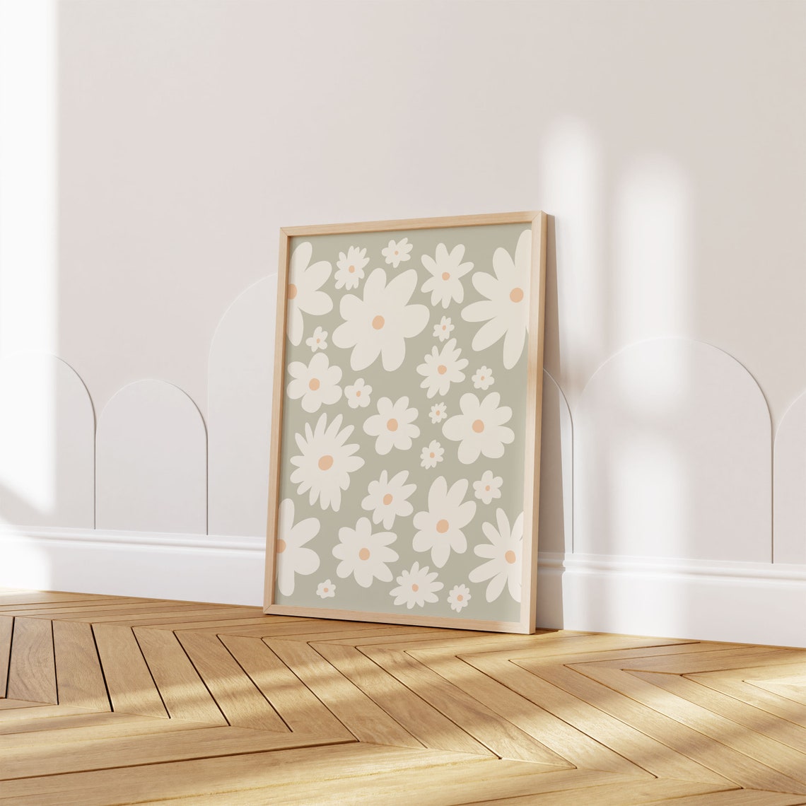White Daisy Pattern Sage Green Botanical Floral Nursery Wall Poster - Image 4