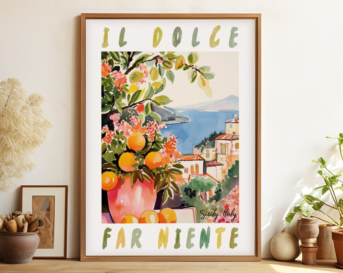 Il Dolce Far Niente Sicily Lemon Watercolor Italian Travel Poster