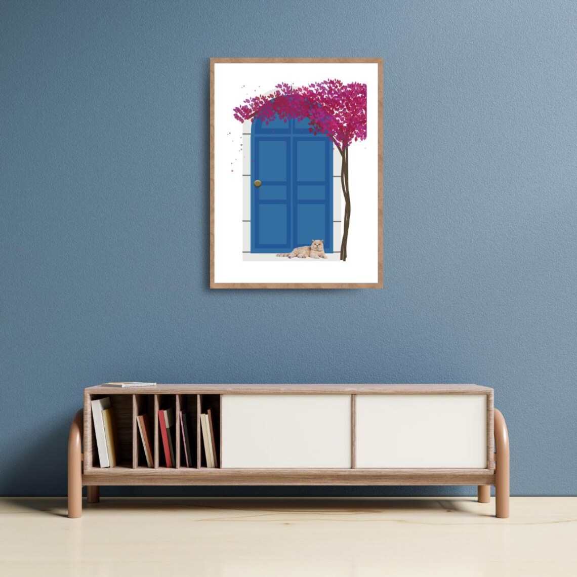 Blue Door Bliss, Relaxing Cat And Flowered Tree - Image 3