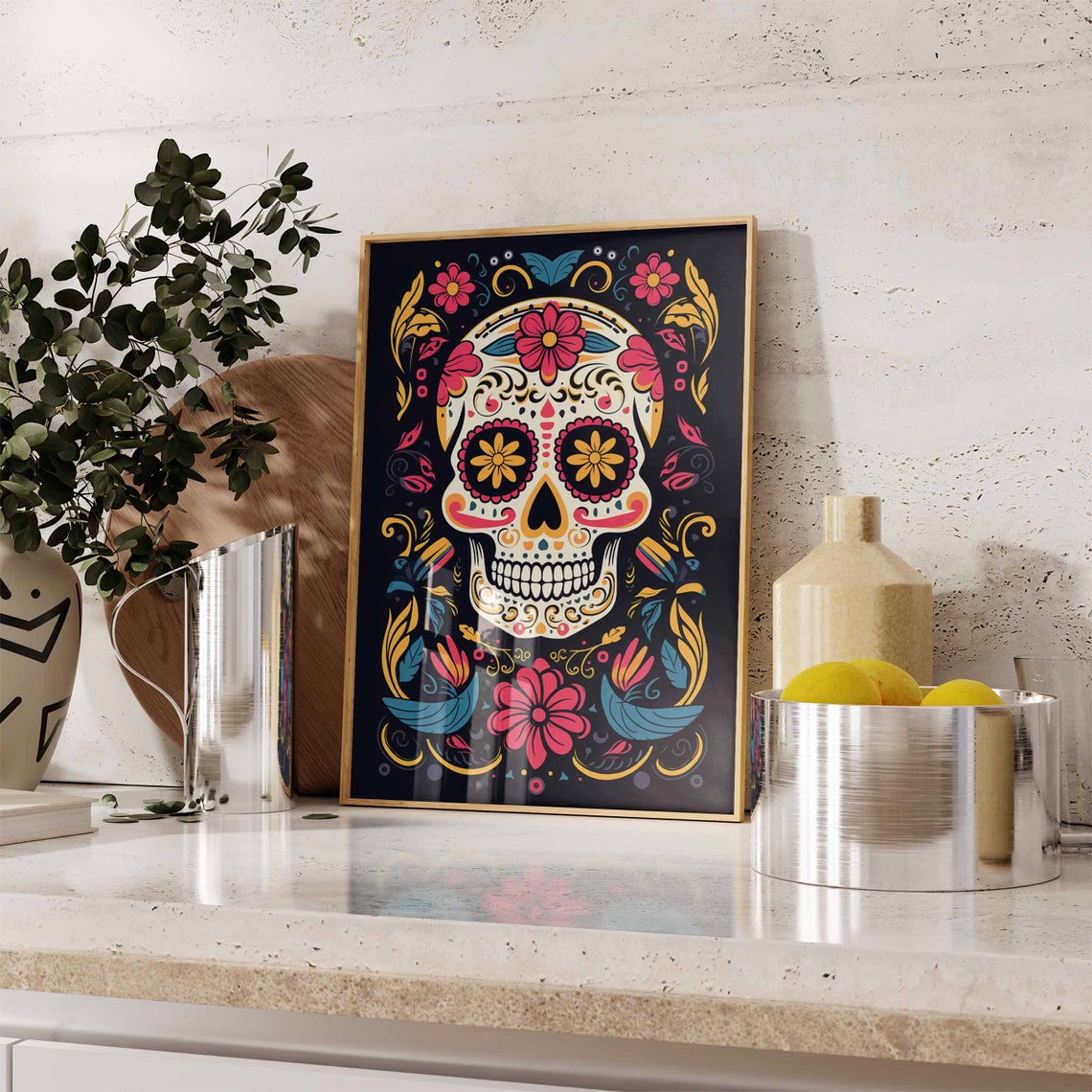 Elegant White Sugar Skull Poster with Pink Teal Flowers on Black - Image 2